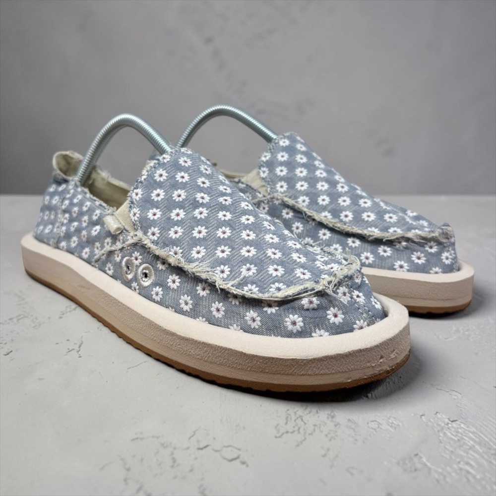 Sanuk Donna ST Slip On Sidewalk Surfer Womens 10 Blue Daisy Floral Boho Shoes